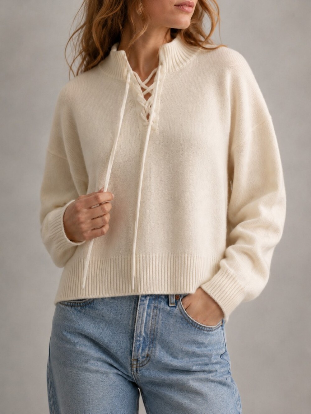 Theory Cashmere Ivory Lace Up Mock Neck Sweater Womens Size Medium